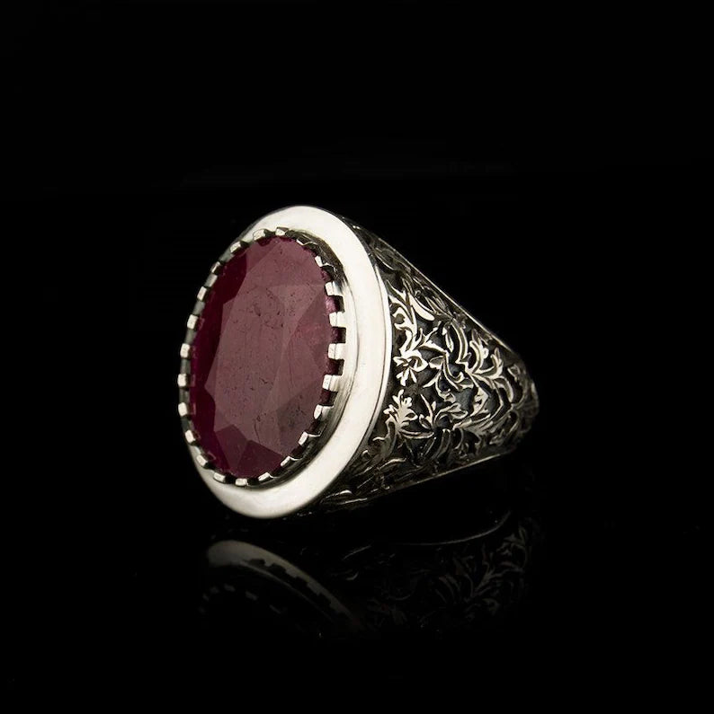 Zyan Gems | Unique Designed Turkish Style Heavy Ring with Natural Red Ruby |  Gold Micron Plated  Sterling Silver Oxidized Ring