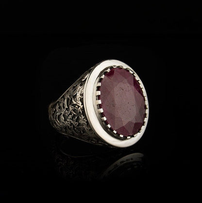 Zyan Gems | Unique Designed Turkish Style Heavy Ring with Natural Red Ruby GOLD PLATED Micron Plated 925 Sterling Silver Oxidized Ring Jewelry Authenticity and 925