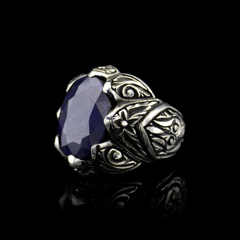Zyan Gems | Unique Turkish Style Ring with Blue S Sapphire |  Sterling Silver Oxidized Ring