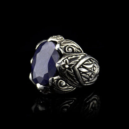 Zyan Gems | Unique Turkish Style Ring with Blue S Sapphire |  Sterling Silver Oxidized Ring