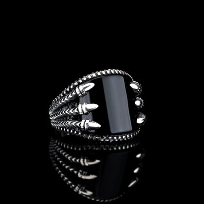 Zyan Gems | Unique Designed Turkish Style Curved Ring with Natural Black Onyx |  Sterling Silver Ring