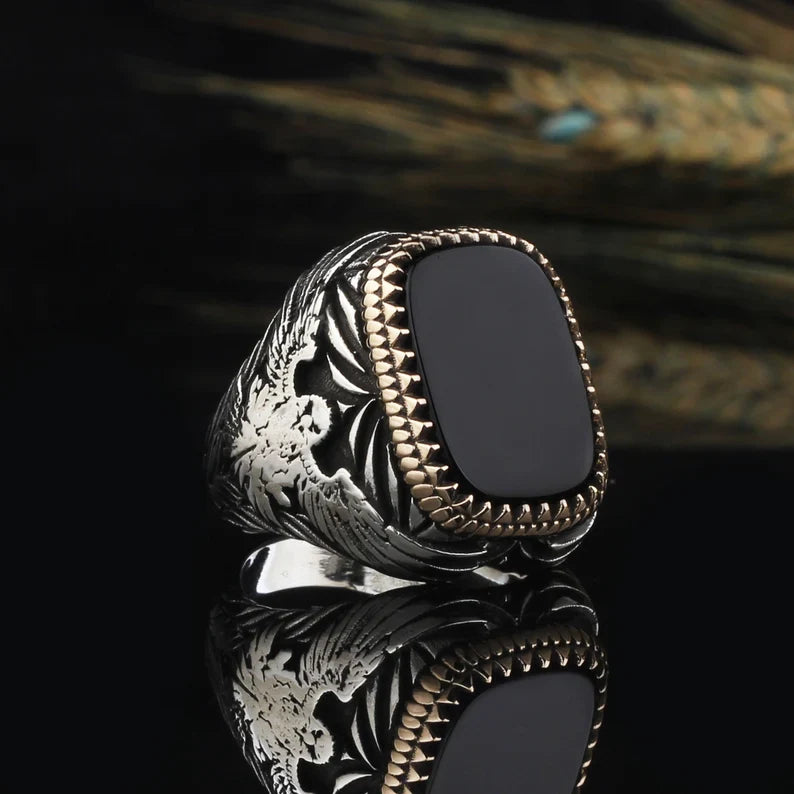 Zyan Gems | Unique  Eagle Designed Turkish Style Ring with Natural Black Onyx | Black Rhodium & Gold Plated  Sterling Silver Ring