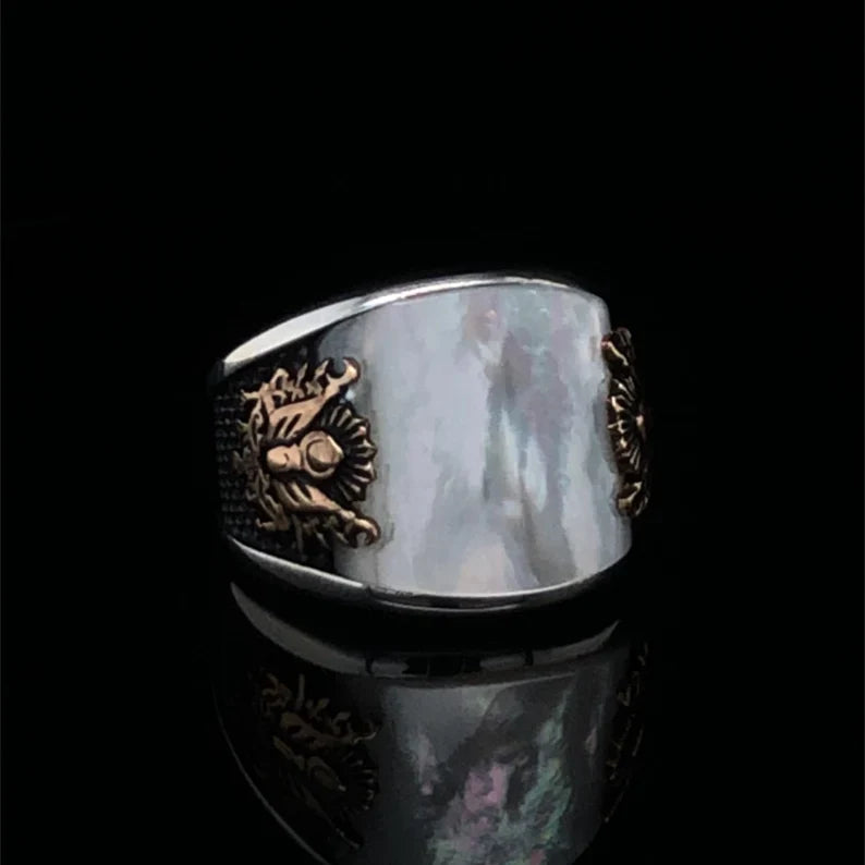Unique Designed Turkish Style Curved Ring with Mother Of Pearl |  Sterling Silver Ring |With Certificate of Authenticity and