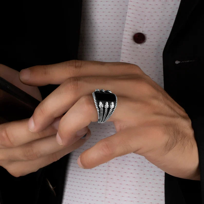 Zyan Gems | Unique Designed Turkish Style Curved Ring with Natural Black Onyx |  Sterling Silver Ring