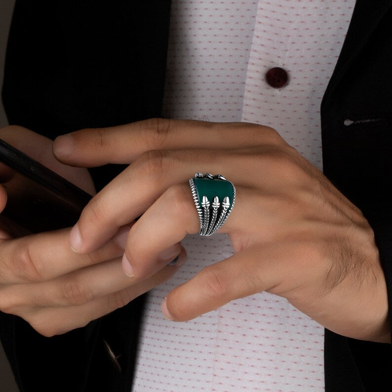 Zyan Gems | Unique Turkish Style Curved Ring with Green Onyx |  Sterling Silver Oxidized Ring