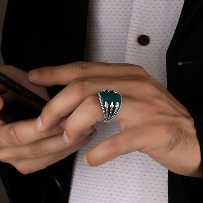 Zyan Gems | Unique Turkish Style Curved Ring with Green Onyx |  Sterling Silver Oxidized Ring