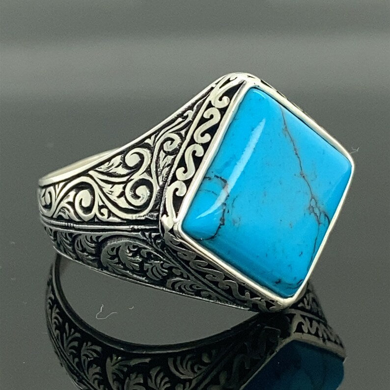 Zyan Gems | Unique Designed Turkish Style Ring with Natural Irani Turquoise (Firoza) |  Sterling Silver Oxidized Ring