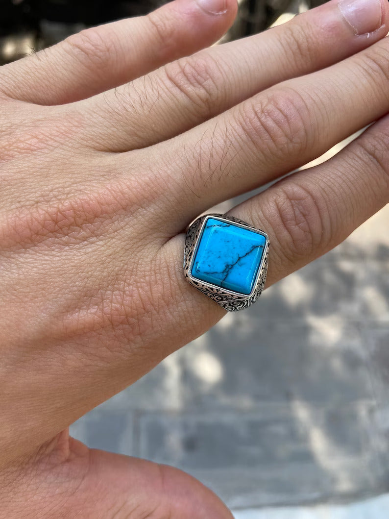 Zyan Gems | Unique Designed Turkish Style Ring with Natural Irani Turquoise (Firoza) |  Sterling Silver Oxidized Ring