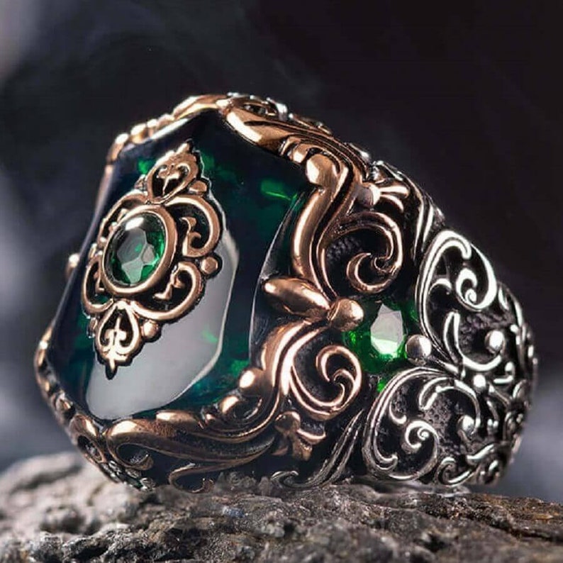 Zyan Gems | Unique Turkish Style Ring with Green Onyx |  Sterling Silver Oxidized Ring