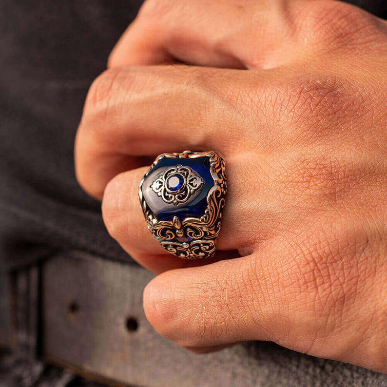 Zyan Gems | Unique Turkish Style Ring with Blue Zircon |  Sterling Silver Oxidized Ring