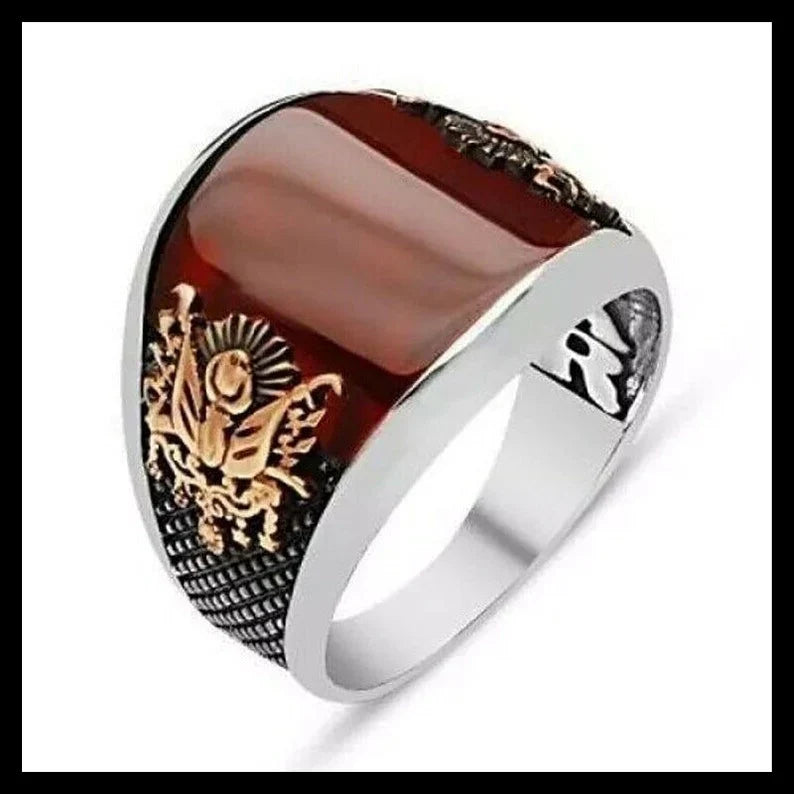 Zyan Gems | Unique Turkish Style Curved Ring with Red Agate |  Sterling Silver Oxidized Ring