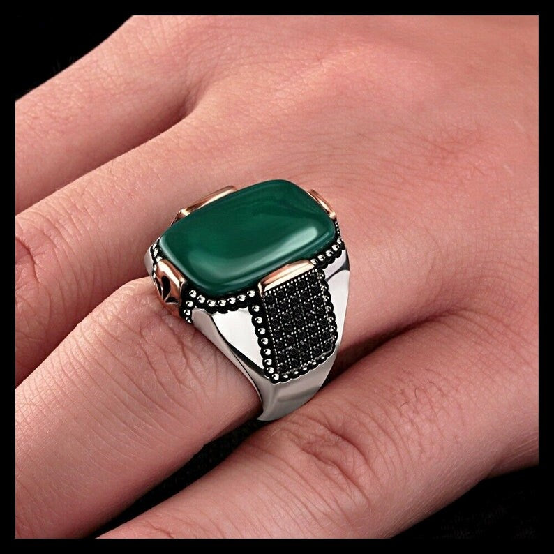 Zyan Gems | Unique Designed Turkish Style Ring with Natural Green Onyx |  Sterling Silver Oxidized Ring