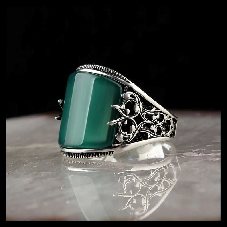 Zyan Gems | Unique Turkish Style Curved Ring with Green Onyx |  Sterling Silver Oxidized Ring