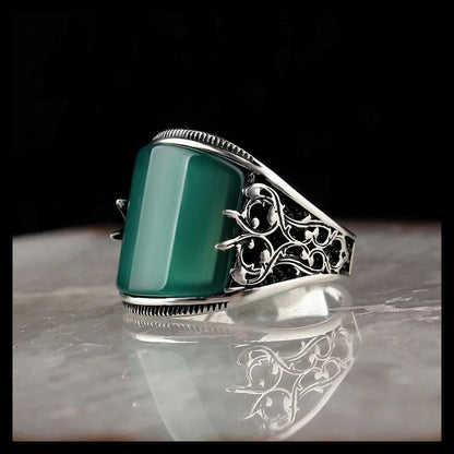 Zyan Gems | Unique Turkish Style Curved Ring with Green Onyx |  Sterling Silver Oxidized Ring