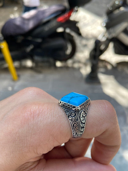 Zyan Gems | Unique Designed Turkish Style Ring with Natural Irani Turquoise (Firoza) |  Sterling Silver Oxidized Ring