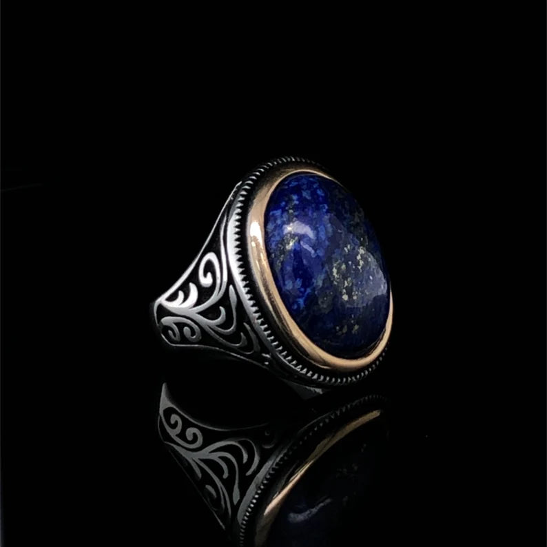 Zyan Gems | Unique Turkish Style Ring with Natural Blue Lapis Lazuli |  Sterling Silver Oxidized Ring