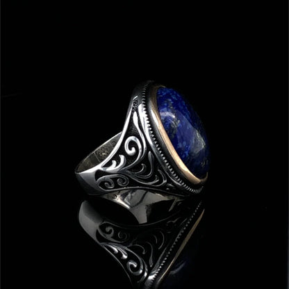 Zyan Gems | Unique Turkish Style Ring with Natural Blue Lapis Lazuli |  Sterling Silver Oxidized Ring