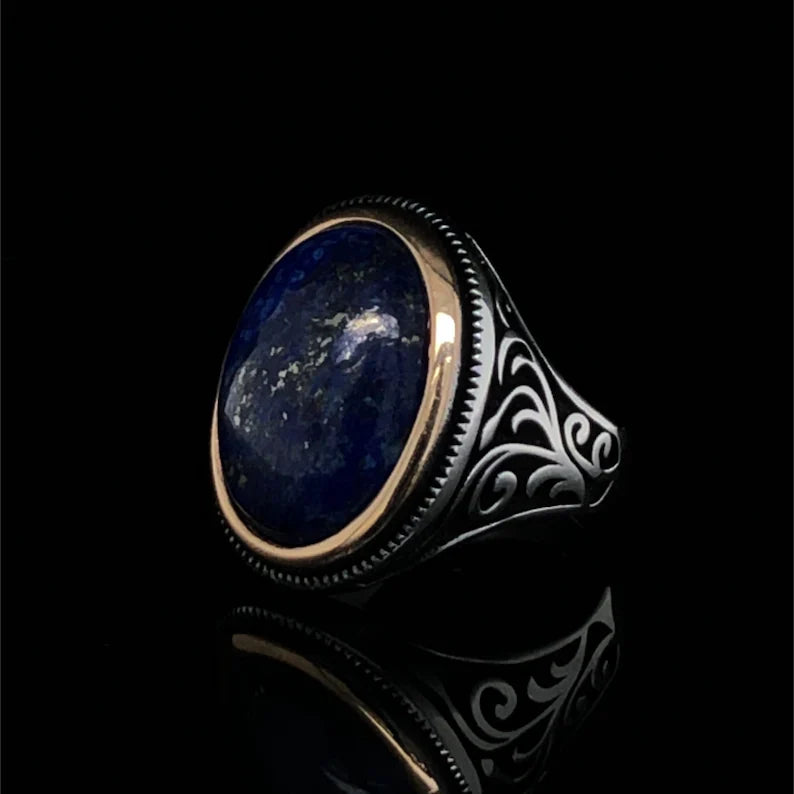 Zyan Gems | Unique Turkish Style Ring with Natural Blue Lapis Lazuli |  Sterling Silver Oxidized Ring