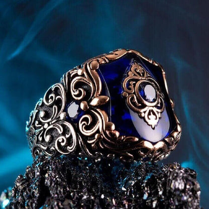 Zyan Gems | Unique Turkish Style Ring with Blue Zircon |  Sterling Silver Oxidized Ring