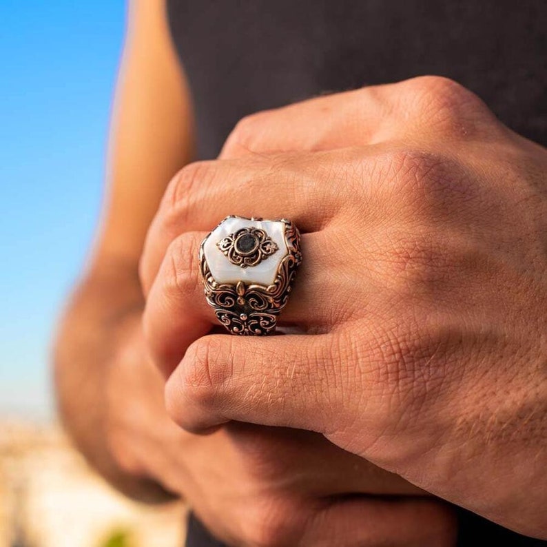 Zyan Gems | Unique Turkish Style Ring with Natural Pearl |  Sterling Silver Oxidized Ring