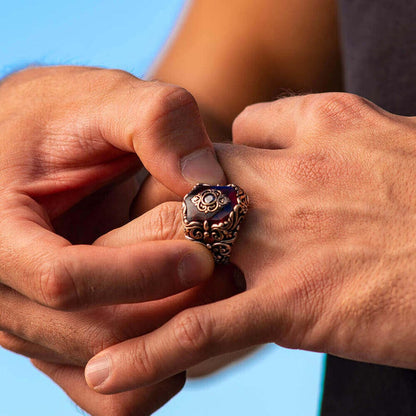 Unique Turkish Style Ring with 8.5 Ct Natural Hessonite (Gomed)|  Sterling Silver Oxidized Ring