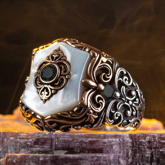 Zyan Gems | Unique Turkish Style Ring with Natural Pearl |  Sterling Silver Oxidized Ring