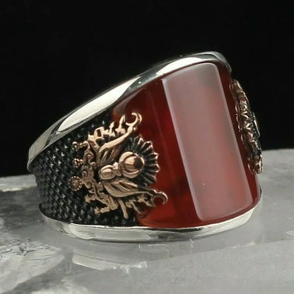 Zyan Gems | Unique Turkish Style Curved Ring with Red Agate |  Sterling Silver Oxidized Ring