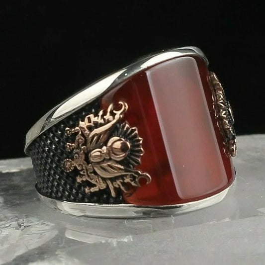 Zyan Gems | Unique Turkish Style Curved Ring with Red Agate |  Sterling Silver Oxidized Ring