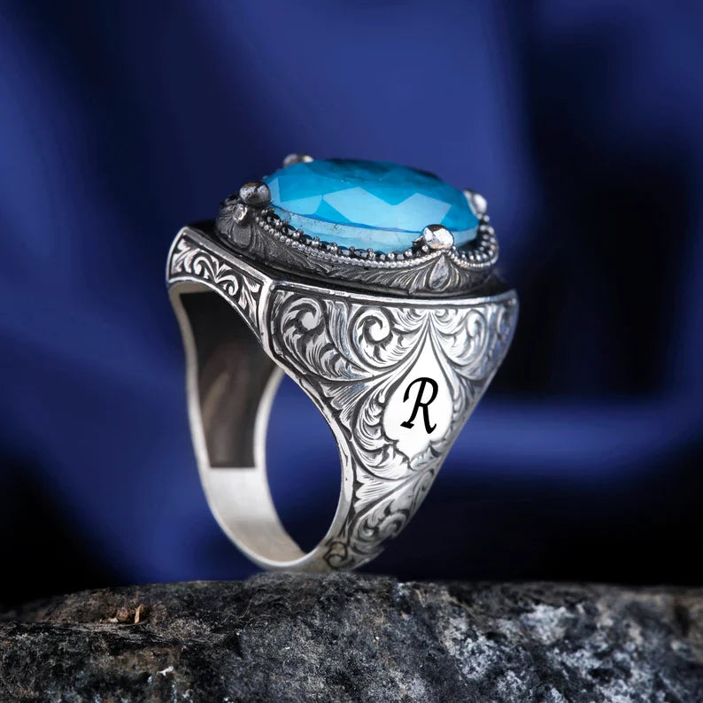 Zyan Gems | Exclusively Designed Ring with Blue Topaz |  Sterling Silver Oxidized Ring