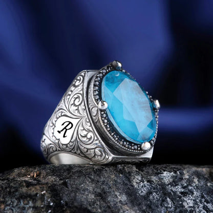 Zyan Gems | Exclusively Designed Ring with Blue Topaz |  Sterling Silver Oxidized Ring