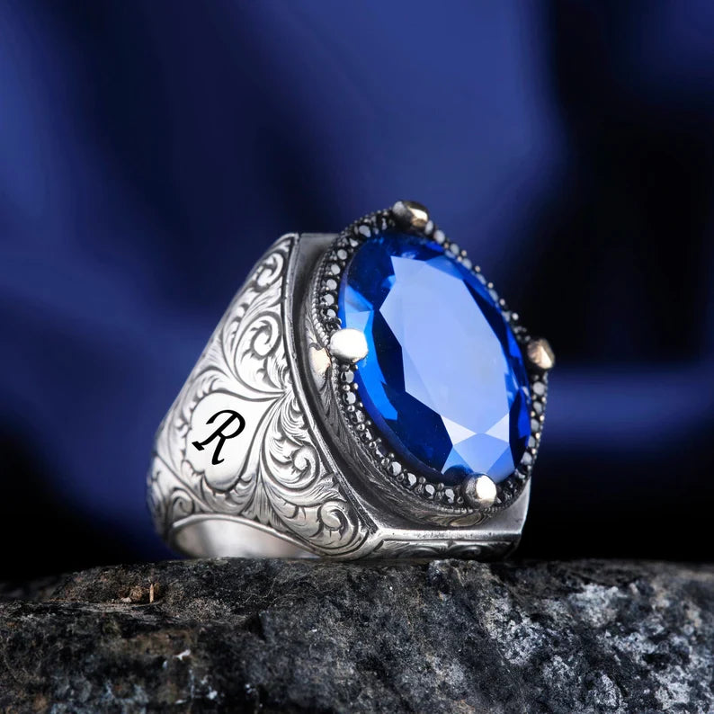 Zyan Gems | Unique Turkish Style Ring with Blue S Sapphire |  Sterling Silver Oxidized Ring