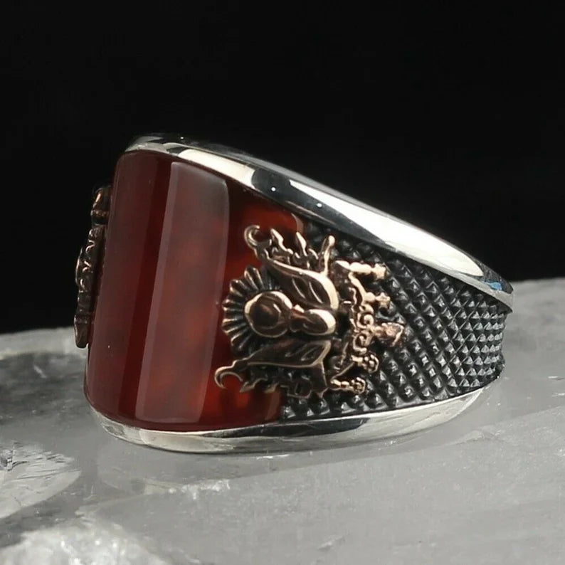 Zyan Gems | Unique Turkish Style Curved Ring with Red Agate |  Sterling Silver Oxidized Ring
