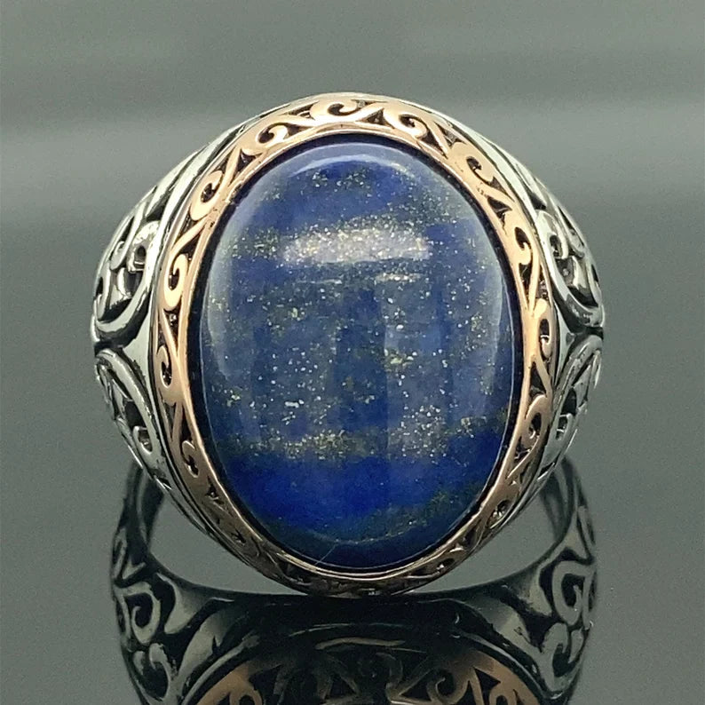 Zyan Gems | Unique Turkish Style Ring with Natural Blue Lapis Lazuli |  Sterling Silver Oxidized Ring