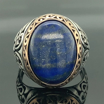 Zyan Gems | Unique Turkish Style Ring with Natural Blue Lapis Lazuli |  Sterling Silver Oxidized Ring