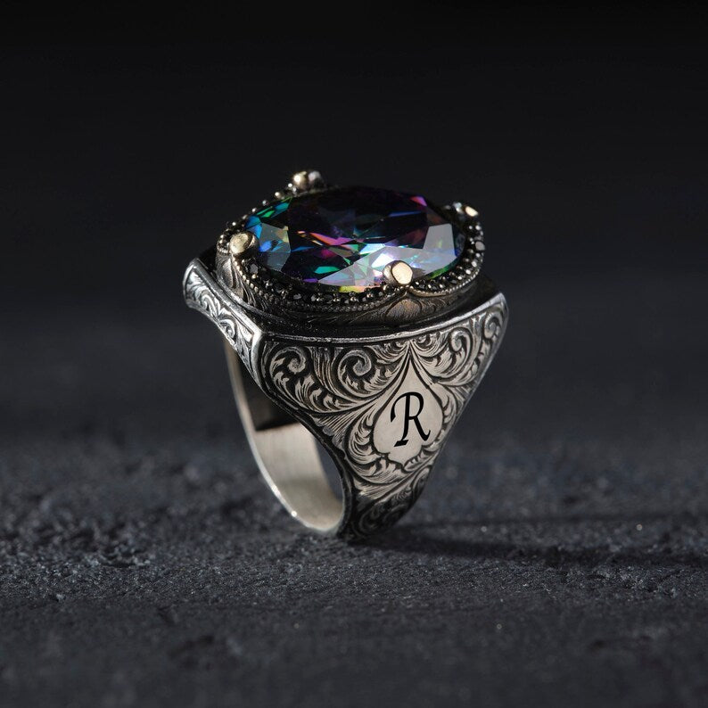 Zyan Gems | Custom Name Initials Turkish Style Ring with Multicolored Alexandrite |  Sterling Silver Oxidized Ring