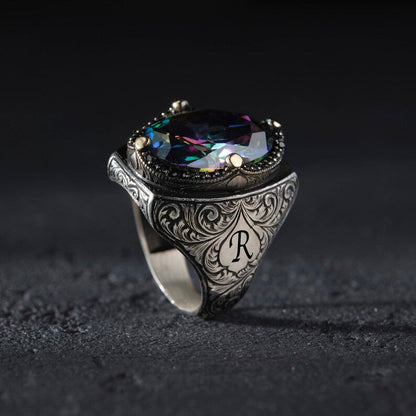 Zyan Gems | Custom Name Initials Turkish Style Ring with Multicolored Alexandrite |  Sterling Silver Oxidized Ring