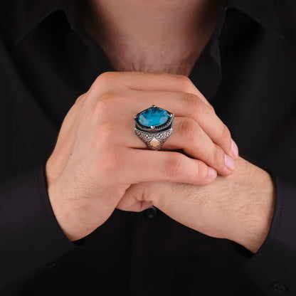 Zyan Gems | Exclusively Designed Ring with Blue Topaz |  Sterling Silver Oxidized Ring