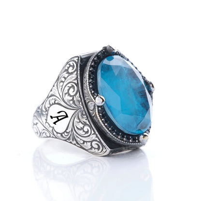 Zyan Gems | Exclusively Designed Ring with Blue Topaz |  Sterling Silver Oxidized Ring