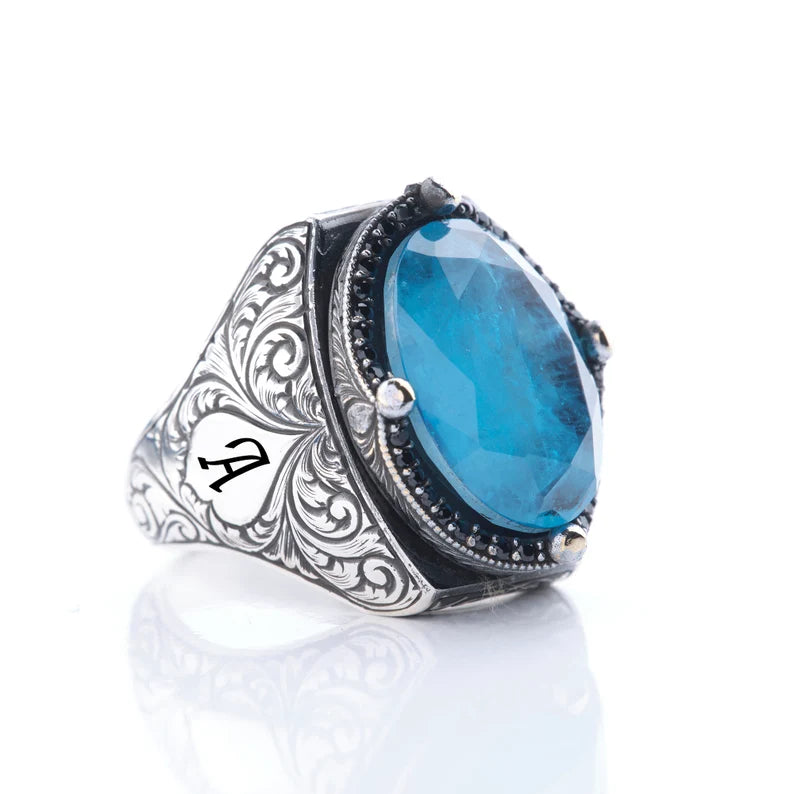 Zyan Gems | Exclusively Designed Ring with Blue Topaz |  Sterling Silver Oxidized Ring
