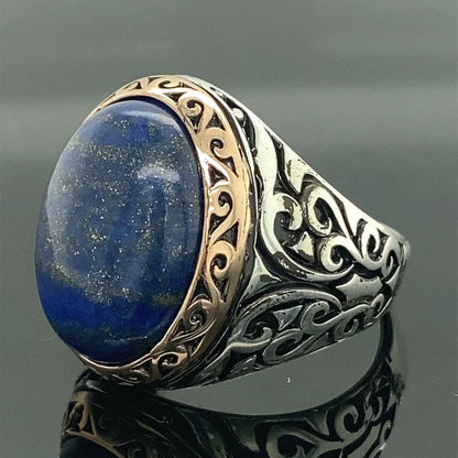 Zyan Gems | Unique Turkish Style Ring with Natural Blue Lapis Lazuli |  Sterling Silver Oxidized Ring