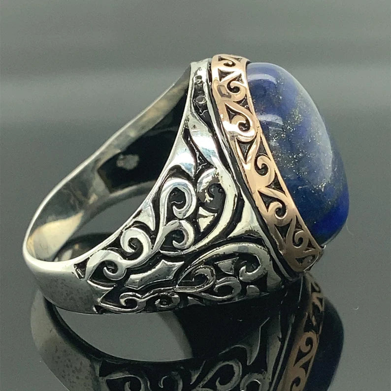 Zyan Gems | Unique Turkish Style Ring with Natural Blue Lapis Lazuli |  Sterling Silver Oxidized Ring