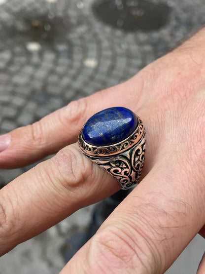 Zyan Gems | Unique Turkish Style Ring with Natural Blue Lapis Lazuli |  Sterling Silver Oxidized Ring