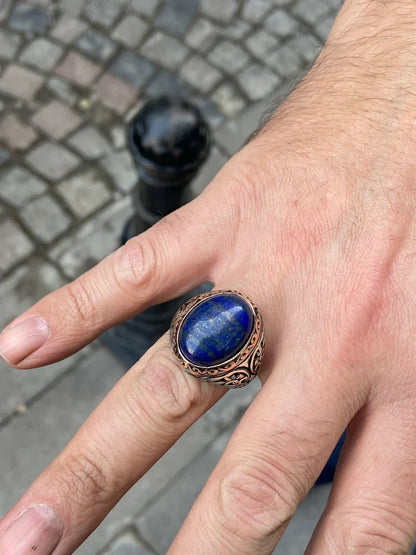 Zyan Gems | Unique Turkish Style Ring with Natural Blue Lapis Lazuli |  Sterling Silver Oxidized Ring