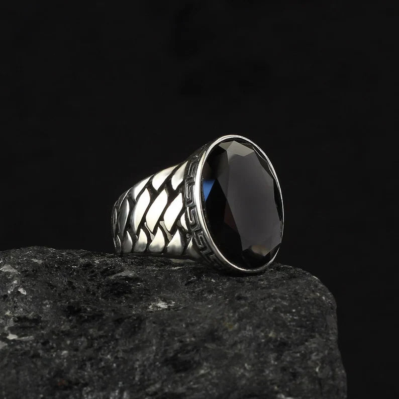 Zyan Gems | Unique Turkish Style Ring with Natural Black Onyx | Black Rhodium & Gold Plated  Sterling Silver Ring
