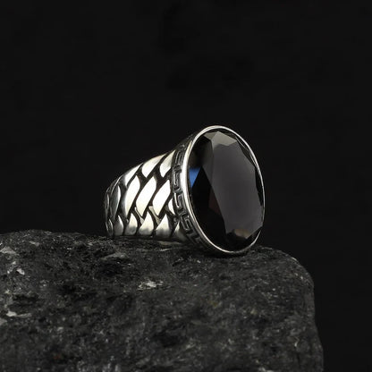 Zyan Gems | Unique Turkish Style Ring with Natural Black Onyx | Black Rhodium & Gold Plated  Sterling Silver Ring