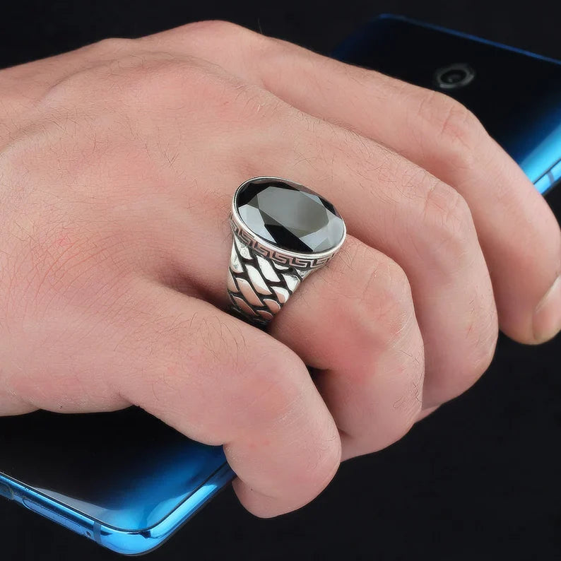 Zyan Gems | Unique Turkish Style Ring with Natural Black Onyx | Black Rhodium & Gold Plated  Sterling Silver Ring