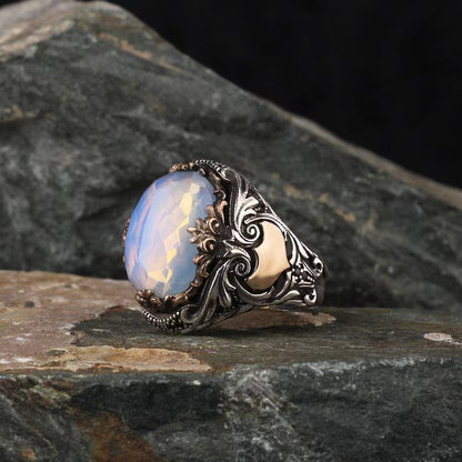 Zyan Gems | Unique Designed Turkish Style Ring with Natural Rainbow Moonstone |  Sterling Silver Oxidized Ring