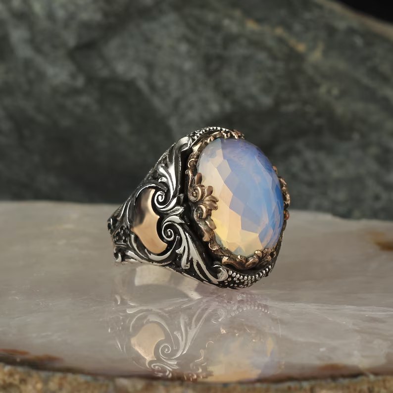 Zyan Gems | Unique Designed Turkish Style Ring with Natural Rainbow Moonstone |  Sterling Silver Oxidized Ring