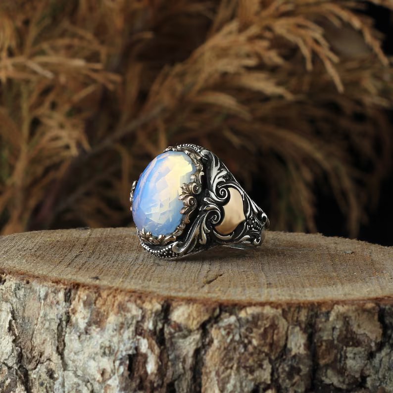 Zyan Gems | Unique Designed Turkish Style Ring with Natural Rainbow Moonstone |  Sterling Silver Oxidized Ring
