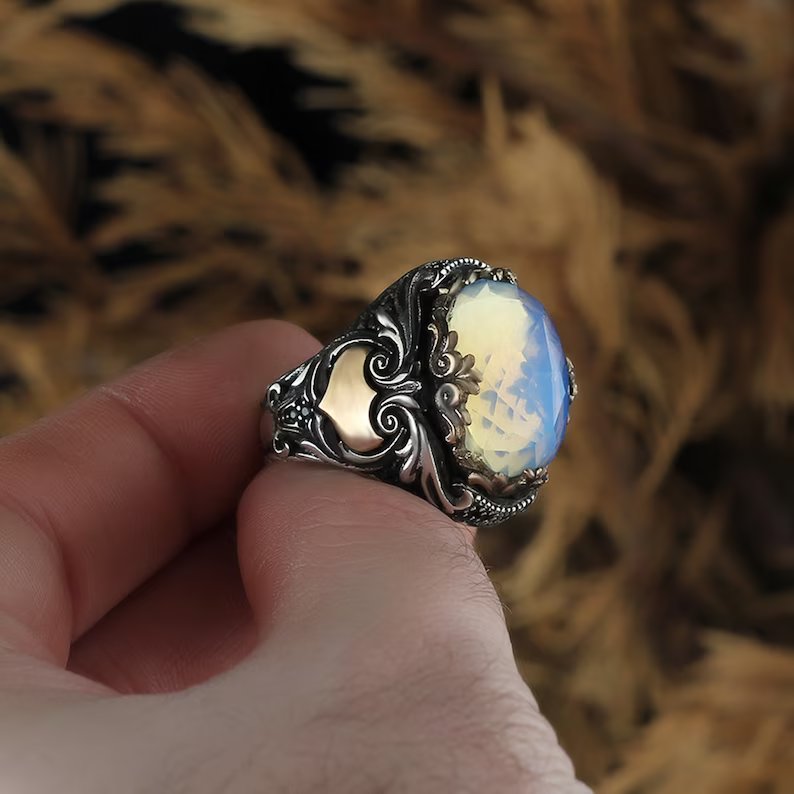 Zyan Gems | Unique Designed Turkish Style Ring with Natural Rainbow Moonstone |  Sterling Silver Oxidized Ring